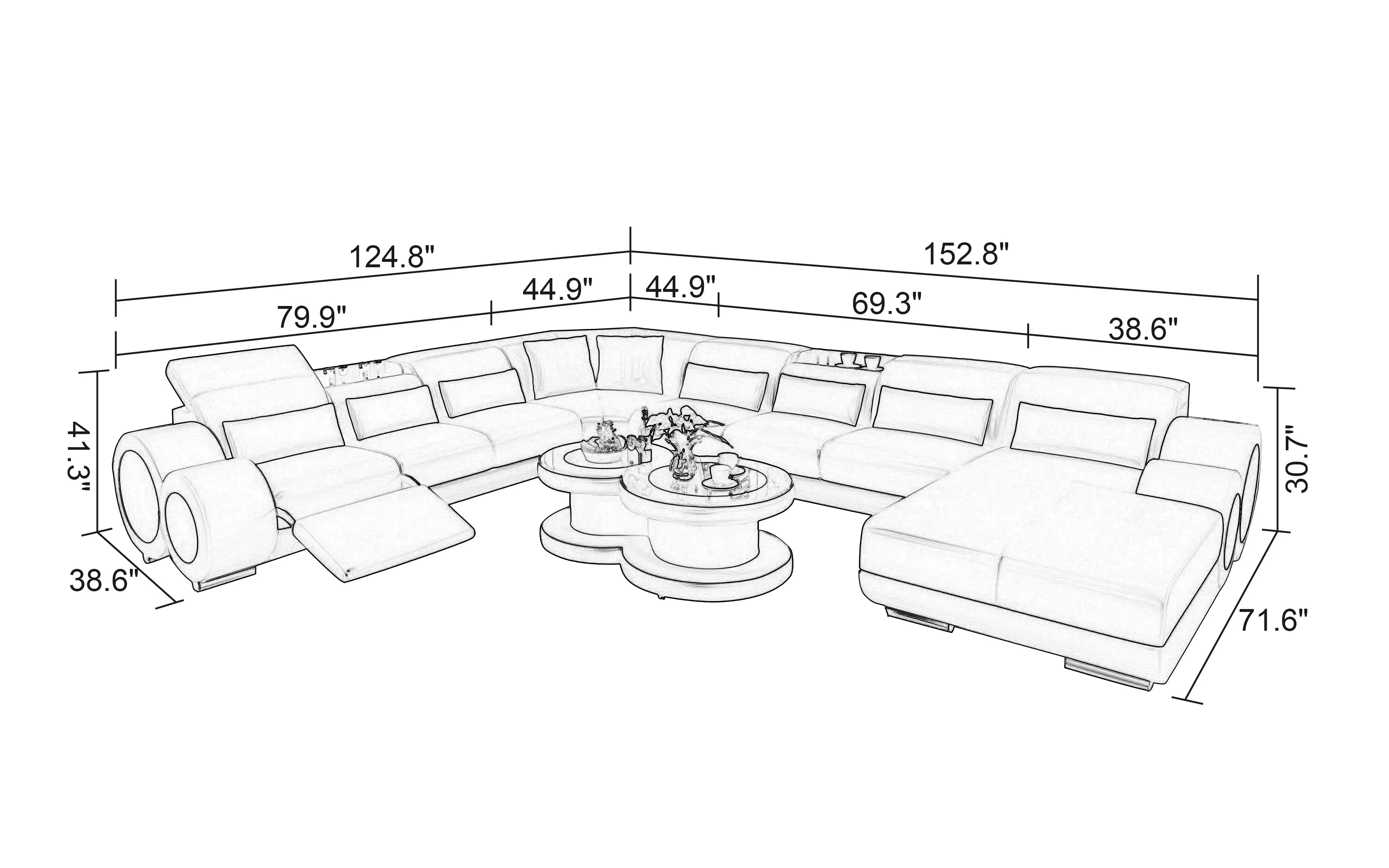 Aetius Modern U-Shape Leather Sectional with Recliner