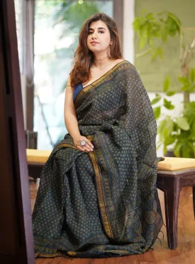 Ajrakh Hand Block Printed Linen Saree