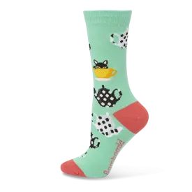 Bamboozld: Womens Kitty in a Teacup Mint Bamboo Sock