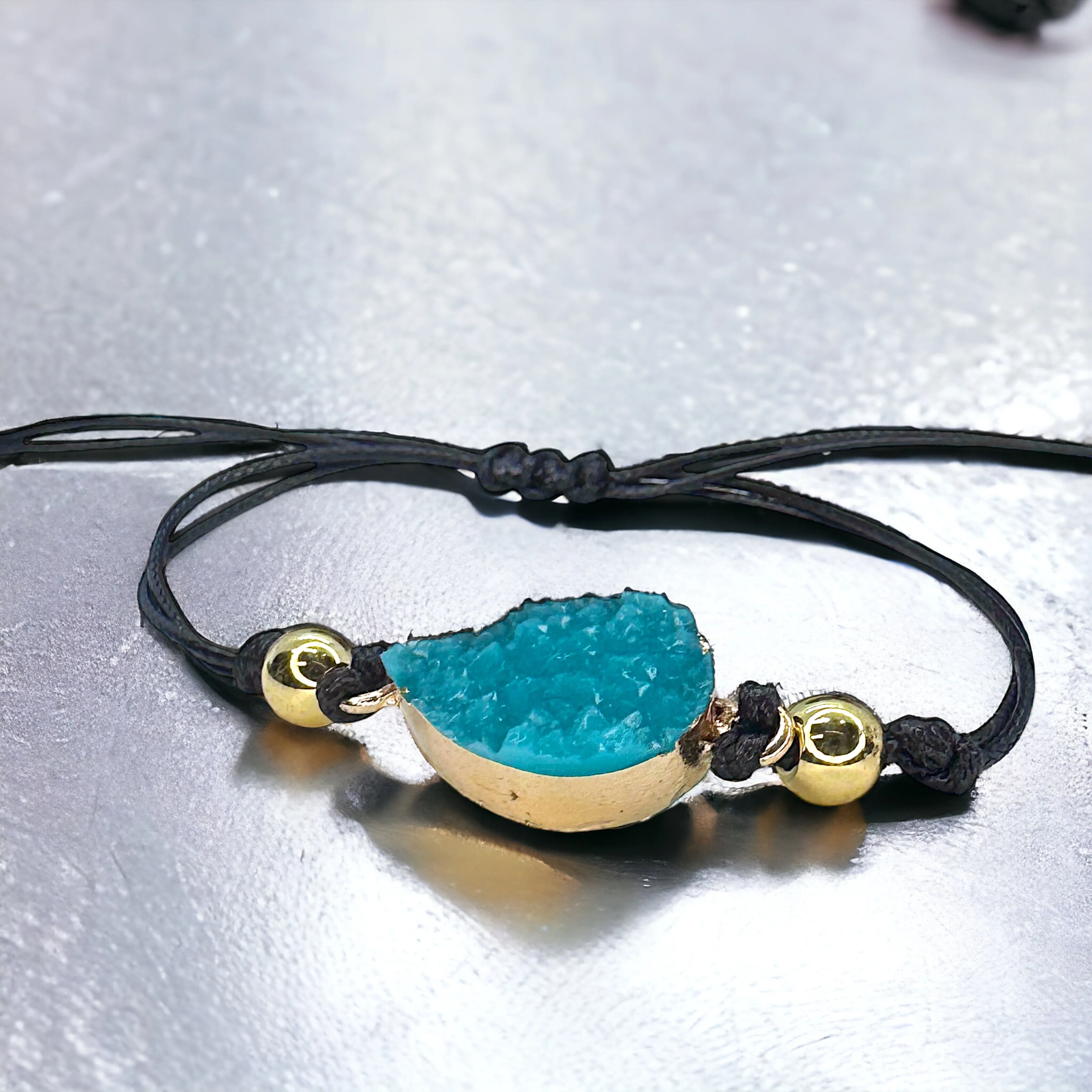 Black Leather Bracelet with Gold and Turquoise Charm