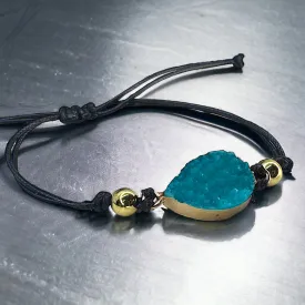 Black Leather Bracelet with Gold and Turquoise Charm