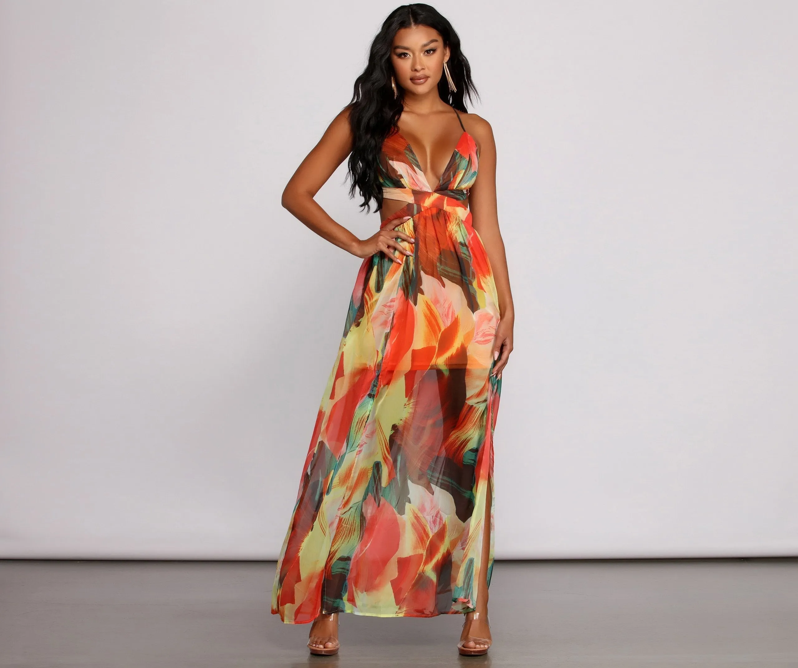 Brighter Vibes Lace-Up Charming Chiffon Maxi Dress