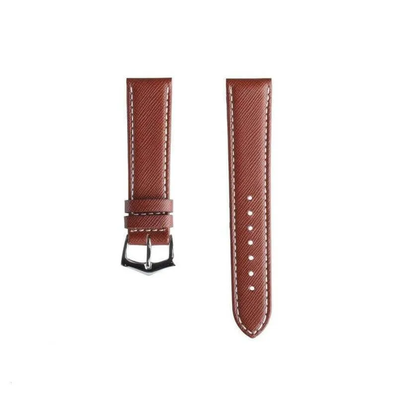 Brown Saffiano Folded Edge White Stitches Watch Strap