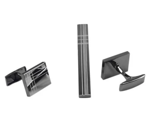 Classic Square Black Laser Stripe Men's Cufflink and Tie Clip Set