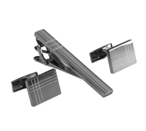 Classic Square Black Laser Stripe Men's Cufflink and Tie Clip Set