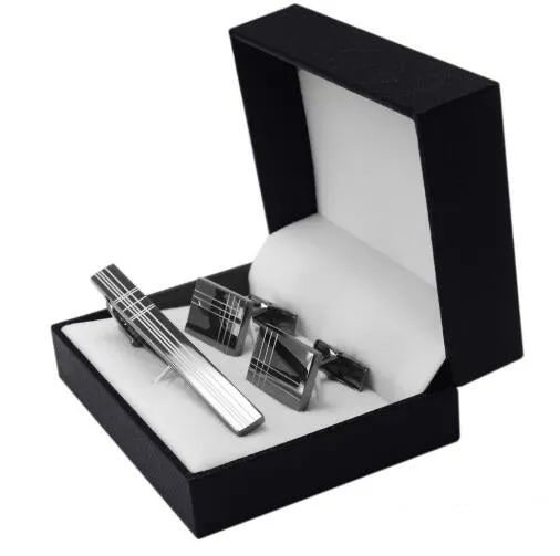 Classic Square Black Laser Stripe Men's Cufflink and Tie Clip Set