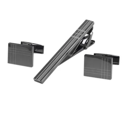 Classic Square Black Laser Stripe Men's Cufflink and Tie Clip Set