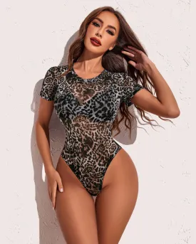 Leopard Short Sleeve Mesh Bodysuit