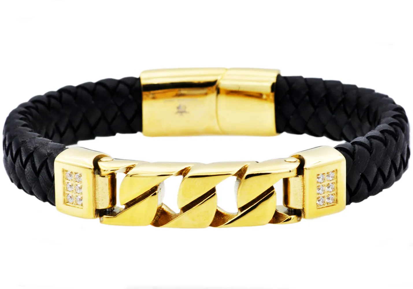 Mens Black Leather And Gold Stainless Steel Curb Link Bracelet With Cubic Zirconia