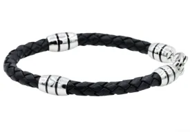 Mens Black Leather Stainless Steel Bracelet