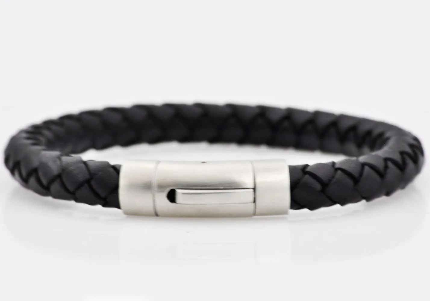 Mens Black Leather Stainless Steel Extendable Bracelet