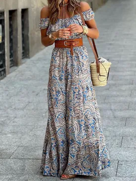 Off Shoulder Belt Maxi Bohemian Dress