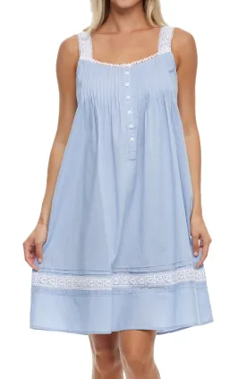 Women Cotton Pintuck Nightgown, Sleeveless Lace Trim Button Up Short Vintage Night Dress Gown